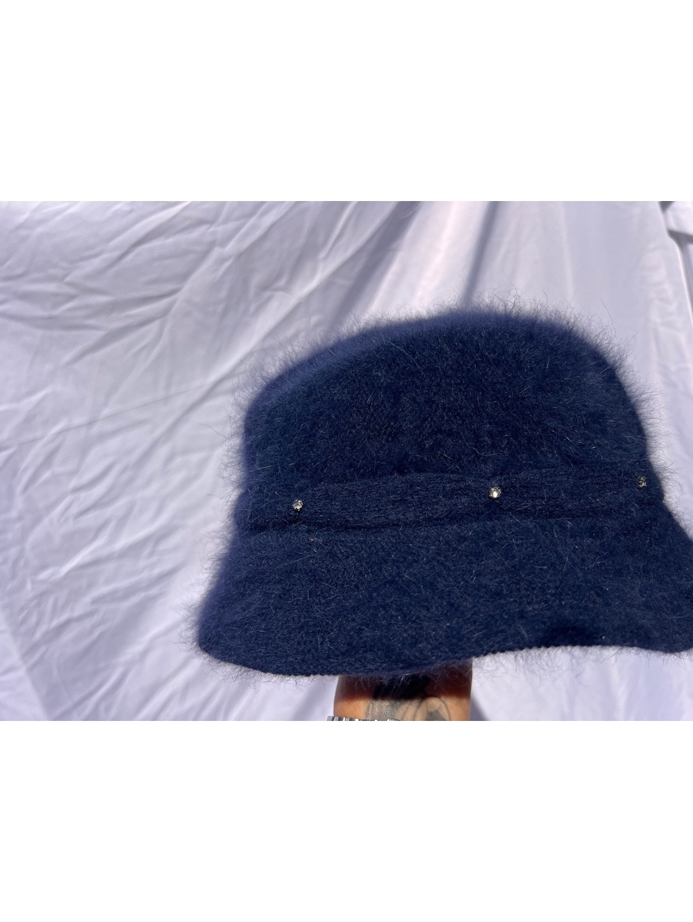80% Angora Fuzzy Bucket Hat Navy Blue Rhinestone Cloche Y2K